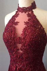 Burgundy Prom Dress Lace High Neck Long Formal Evening Dress