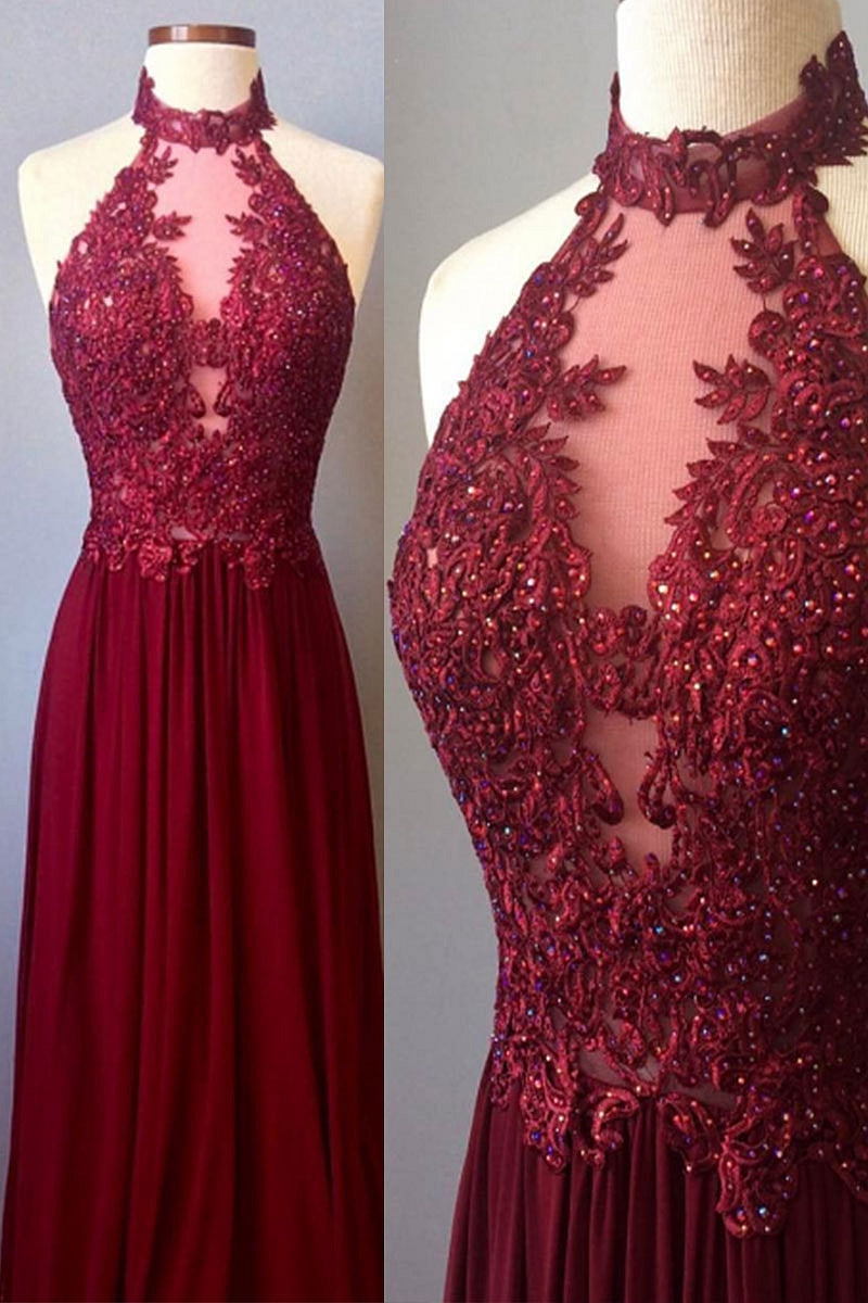 Burgundy Prom Dress Lace High Neck Long Formal Evening Dress