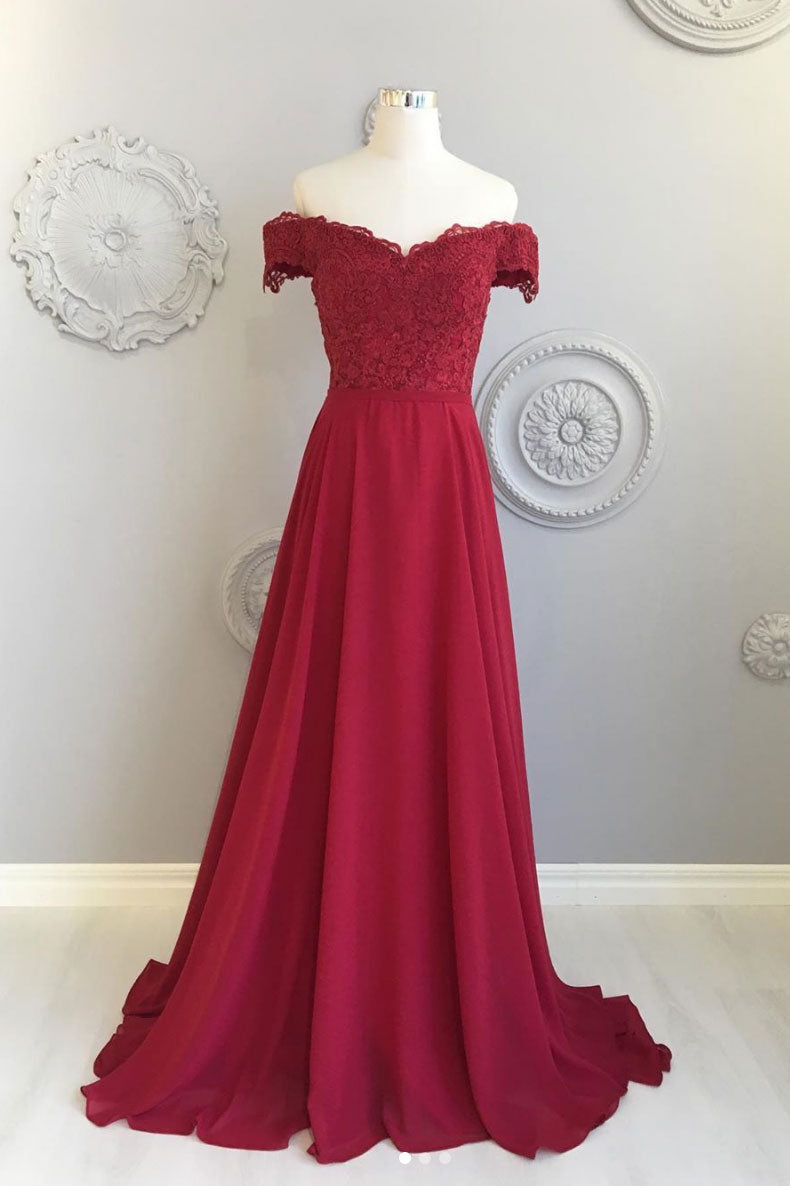 Burgundy Prom Dress Lace Long Bridesmaid Gown Evening Dress