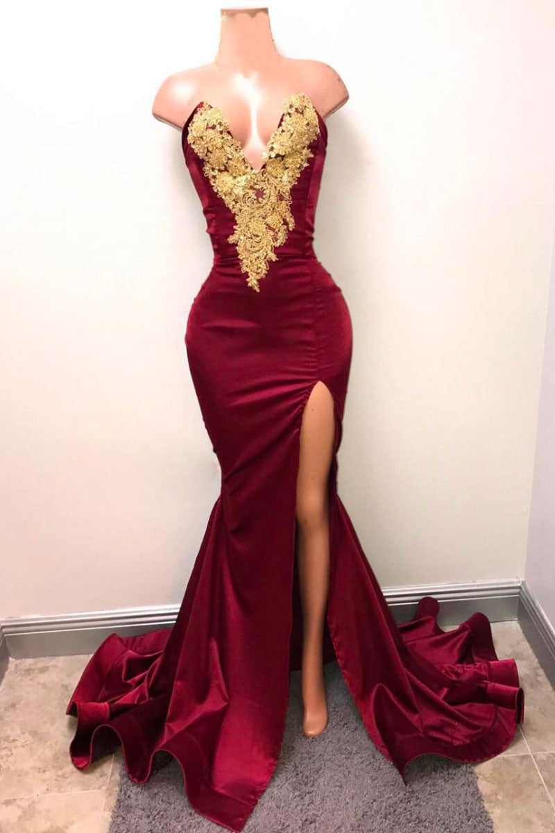 Burgundy Prom Dress Lace Mermaid Long Evening Dress