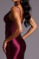 Burgundy Prom Dress Mermaid Satin Spaghetti Straps Long Formal Dress With Lace