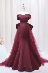Burgundy Prom Dress Mermaid Tulle Long Formal Evening Dress