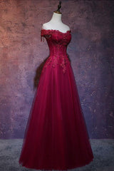 Burgundy Prom Dress Off the Shoulder Lace Long Evening Dress