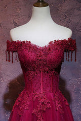 Burgundy Prom Dress Off the Shoulder Lace Long Evening Dress