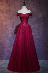 Burgundy Prom Dress Off the Shoulder Lace Long Evening Dress
