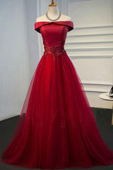 Burgundy Prom Dress Off the Shoulder Lace Long Formal Evening Dress
