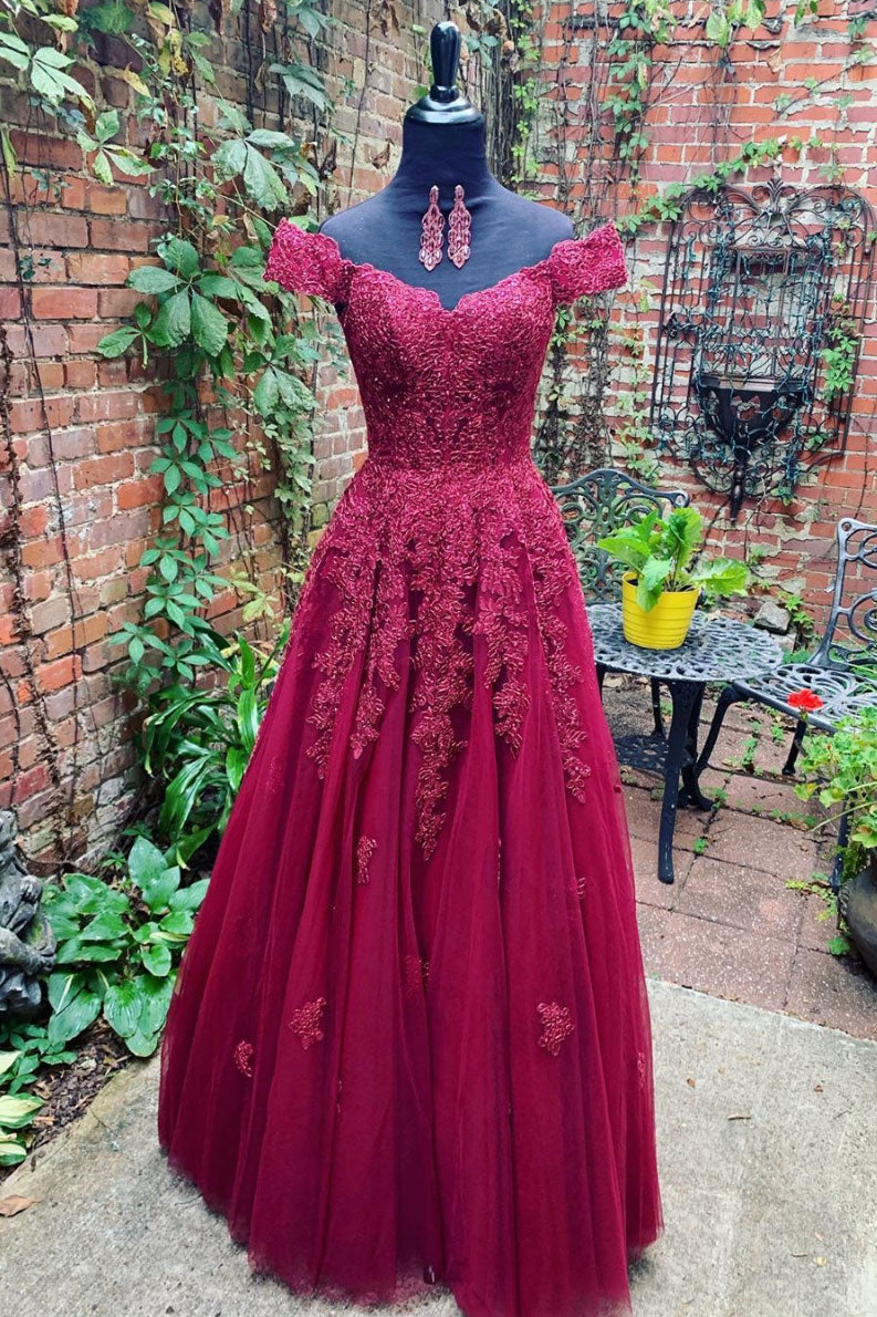 Burgundy Prom Dress Off the Shoulder Lace Tulle Long Evening Dress