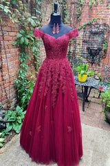 Burgundy Prom Dress Off the Shoulder Lace Tulle Long Evening Dress