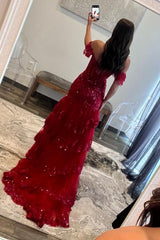 Burgundy Prom Dress Off the Shoulder Long Lace Evening Dress