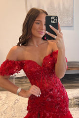 Burgundy Prom Dress Off the Shoulder Long Lace Evening Dress