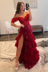 Burgundy Prom Dress Off the Shoulder Long Lace Evening Dress