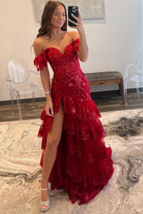 Burgundy Prom Dress Off the Shoulder Long Lace Evening Dress