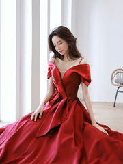 Burgundy Prom Dress Off the Shoulder Satin Long Evening Dress
