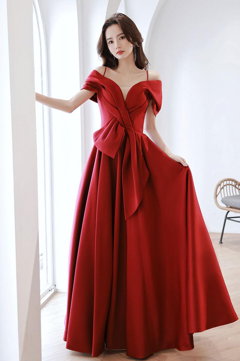 Burgundy Prom Dress Off the Shoulder Satin Long Evening Dress
