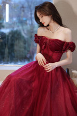 Burgundy Prom Dress Off the Shoulder Tulle Long Evening Dress