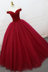 Burgundy Prom Dress Off the Shoulder Tulle Long Evening Dress
