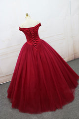 Burgundy Prom Dress Off the Shoulder Tulle Long Evening Dress