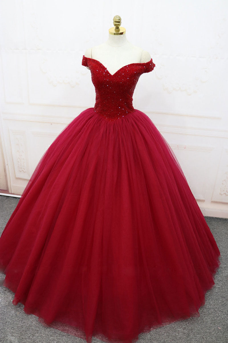 Burgundy Prom Dress Off the Shoulder Tulle Long Evening Dress