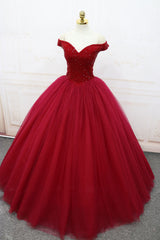 Burgundy Prom Dress Off the Shoulder Tulle Long Evening Dress