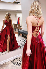 Burgundy Prom Dress Satin Backless Long Formal Gown Evening Dress