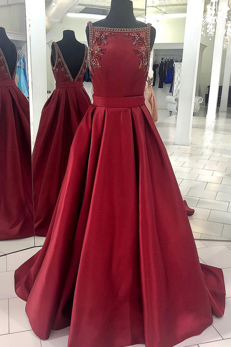 Burgundy Prom Dress Satin Long Evening Dress