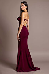 Burgundy Prom Dress Satin Mermaid Backless Strapless Formal Dress