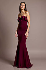 Burgundy Prom Dress Satin Mermaid Backless Strapless Formal Dress