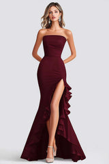 Burgundy Prom Dress Satin Mermaid Strapless Ruffled Long Formal Dress With Slit