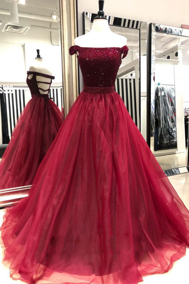Burgundy Prom Dress Sequin Beaded Tulle Long Formal Gown Evening Dress