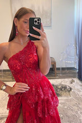 Burgundy Prom Dress Sheath One Shoulder Tiered Lace Long Evening Dress