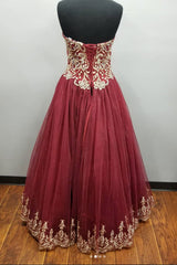 Burgundy Prom Dress Sweetheart Neck Lace Tulle Long Formal Evening Dress