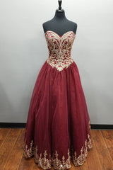 Burgundy Prom Dress Sweetheart Neck Lace Tulle Long Formal Evening Dress