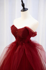 Burgundy Prom Dress Sweetheart Neck Tulle Lace Beaded Long Evening Dress