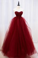 Burgundy Prom Dress Sweetheart Neck Tulle Lace Beaded Long Evening Dress
