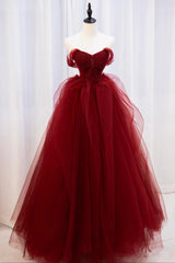 Burgundy Prom Dress Sweetheart Neck Tulle Lace Beaded Long Evening Dress