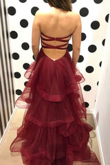 Burgundy Prom Dress Sweetheart Neck Tulle Long Evening Dress