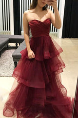 Burgundy Prom Dress Sweetheart Neck Tulle Long Evening Dress