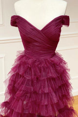 Burgundy Prom Dress Sweetheart Off the Shoulder Tulle Long Formal Gown Evening Dress