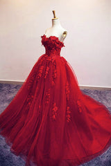 Burgundy Prom Dress Sweetheart Tulle Lace Appliques Long Evening Dress