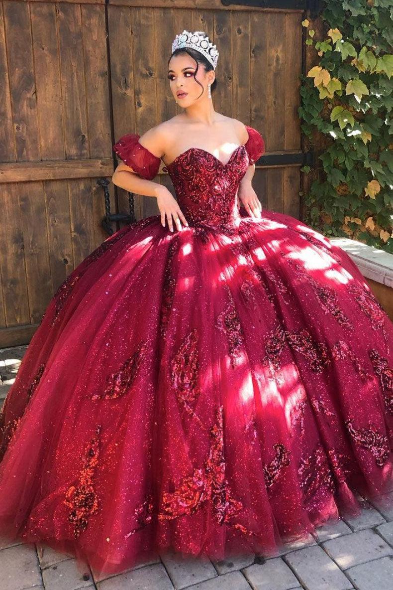 Burgundy Sweet 16 Dress Sweetheart Tulle Lace Off the Shoulder Long Evening Dress