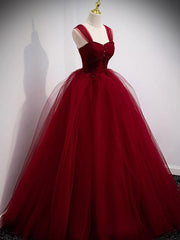 Burgundy Prom Dress Sweetheart Tulle Long Evening Dress