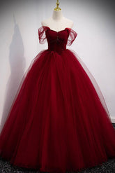 Burgundy Prom Dress Sweetheart Tulle Long Evening Dress