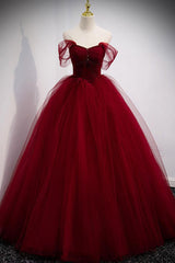 Burgundy Prom Dress Sweetheart Tulle Long Evening Dress