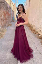 Burgundy Prom Dress Tulle A Line Long Evening Dress