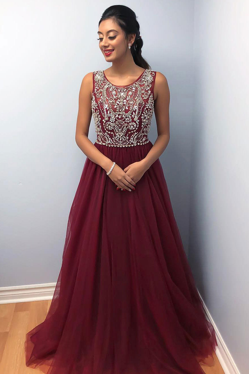 Burgundy Prom Dress Tulle Beaded Long Evening Gown Evening Dress