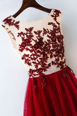 Burgundy Prom Dress Tulle Lace Appliques Long Evening Dress