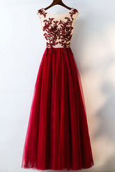 Burgundy Prom Dress Tulle Lace Appliques Long Evening Dress