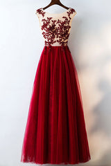 Burgundy Prom Dress Tulle Lace Appliques Long Evening Dress