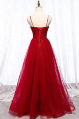 Burgundy Prom Dress Tulle Lace Beaded Long Evening Dress