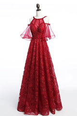 Burgundy Prom Dress Tulle Lace Beaded Long Evening Dress